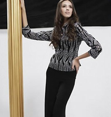 Samuel Dong - Vertical Blocks, 3/4 Cuffed Sleeve, Geometric Design Blouse