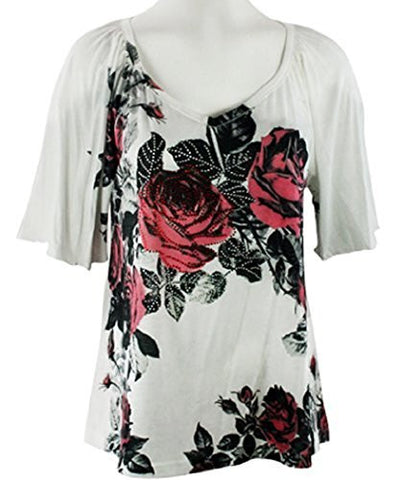 California Bloom - Twin Roses, White Top with V-Neck accented with ...