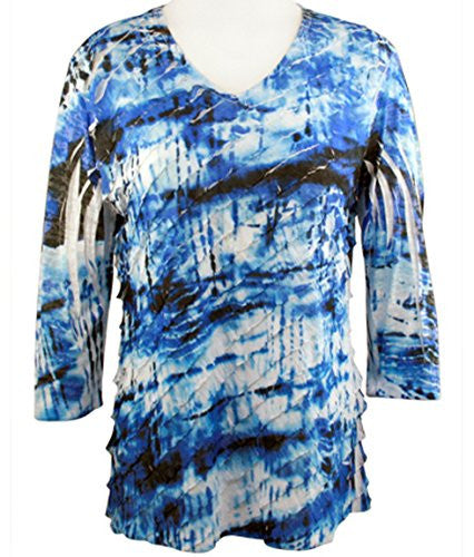 Jess & Jane - Blue Dye, 3/4 Sleeve V-Neck Ruffled Sublimation Top ...