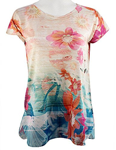 Cubism Apparel - Gradient Flowers, Scoop Neck, Cap Sleeve, Fashion Top ...