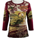 Cactus Fashion - Winery, 3/4 Sleeve, Cotton Print Scoop Neck Rhinestone Top