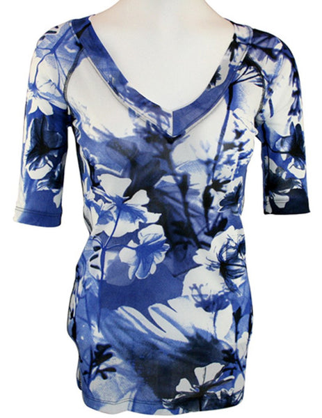 Karen Kane -Floral Breeze, Blue Floral Print, half sleeves Fitted V ...